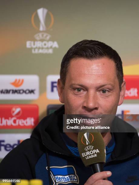 Hertha coach Pal Dardai speaking during a press conference ahead of the Europa League football match between Oestersunds FK and Hertha BSC at the...