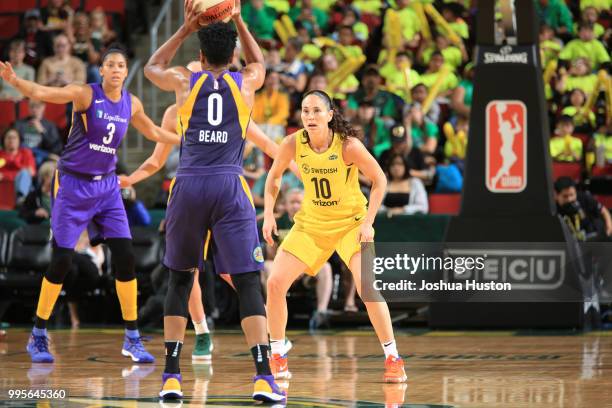 Sue Bird of the Seattle Storm plays defense against the Los Angeles Sparks on July 10, 2018 at Key Arena in Seattle, Washington. NOTE TO USER: User...