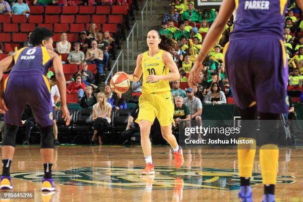 Sue Bird of the Seattle Storm handles the ball against the Los Angeles Sparks on July 10, 2018 at Key Arena in Seattle, Washington. NOTE TO USER:...