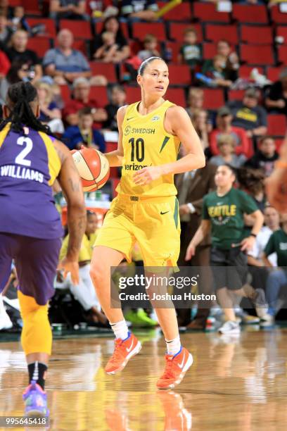 Sue Bird of the Seattle Storm handles the ball against the Los Angeles Sparks on July 10, 2018 at Key Arena in Seattle, Washington. NOTE TO USER:...