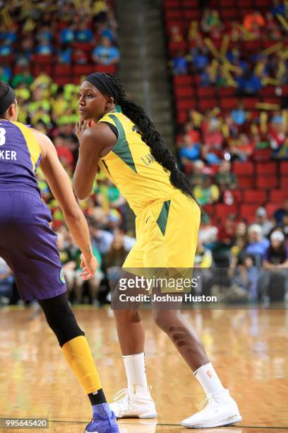 Seattle Storm handles the ball against the Los Angeles Sparks on July 10, 2018 at Key Arena in Seattle, Washington. NOTE TO USER: User expressly...