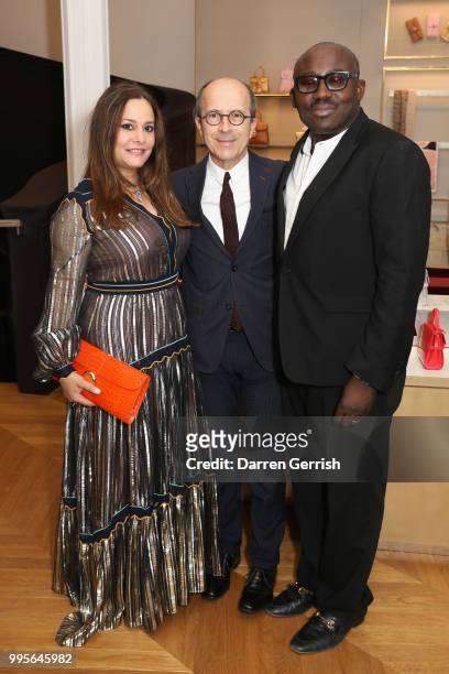 Hedieh Khakbaz Loubier, Jean-Marc Loubier and Edward Enninful attend the Delvaux and British Vogue exclusive dinner on July 10, 2018 in London,...
