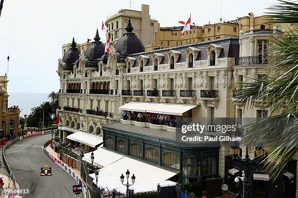 Robert Kubica of Poland and Renault drives on his way to setting the fastest time in the final practice session prior to qualifying for the Monaco...