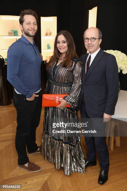 Derek Blasberg, Hedieh Khakbaz Loubier and Jean-Marc Loubier attend the Delvaux and British Vogue exclusive dinner on July 10, 2018 in London,...