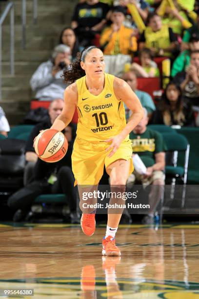 Sue Bird of the Seattle Storm handles the ball against the Los Angeles Sparks on July 10, 2018 at Key Arena in Seattle, Washington. NOTE TO USER:...