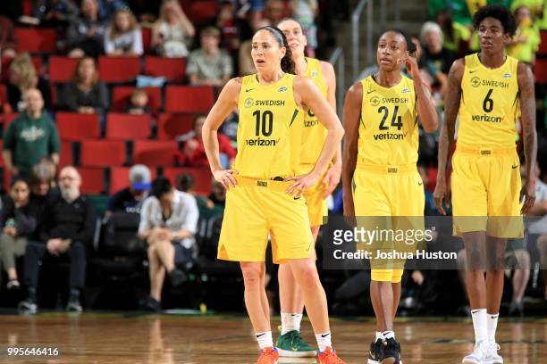 Sue Bird of the Seattle Storm looks on during the game against the Los Angeles Sparks on July 10, 2018 at Key Arena in Seattle, Washington. NOTE TO...