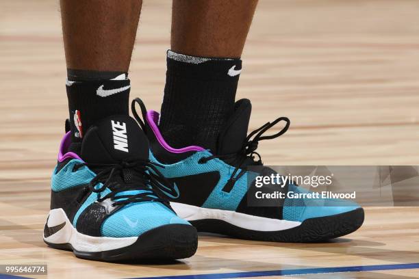 The sneakers worn by Derrick Jones Jr., #5 of the Miami Heat are seen against the Utah Jazz during the 2018 Las Vegas Summer League on July 9, 2018...