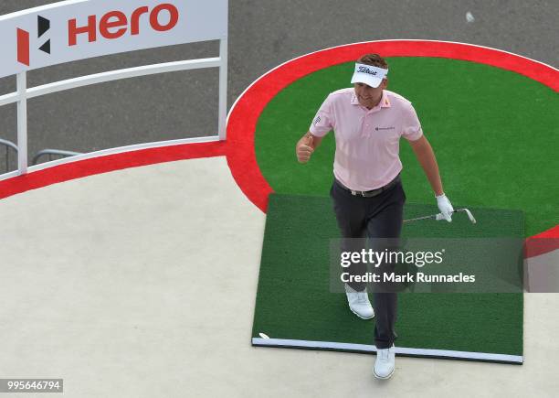 Ian Poulter of England reacts after a good shot during The Hero Challenge at the 2018 ASI Scottish Open at Edinburgh Castle on July 10, 2018 in...