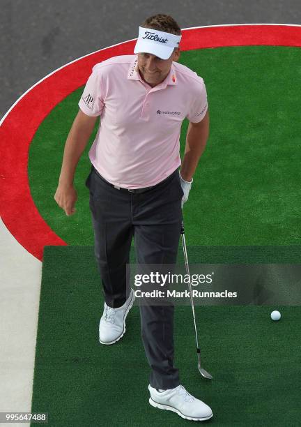 Ian Poulter of England reacts after a good shot during The Hero Challenge at the 2018 ASI Scottish Open at Edinburgh Castle on July 10, 2018 in...