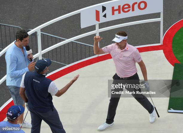 Ian Poulter of England reacts after a good shot during The Hero Challenge at the 2018 ASI Scottish Open at Edinburgh Castle on July 10, 2018 in...