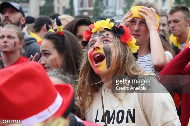 Fans gather for a public viewing event to watch 2018 FIFA World Cup Russia Semi Final match between France and Belgium on July 10, 2018 in Brussels,...