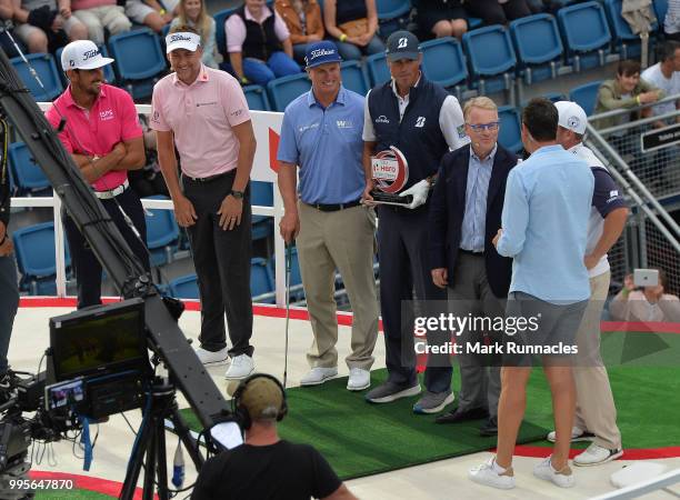 Matt Kuchar of USA is presented with the trophy after winning The Hero Challenge at the 2018 ASI Scottish Open at Edinburgh Castle on July 10, 2018...