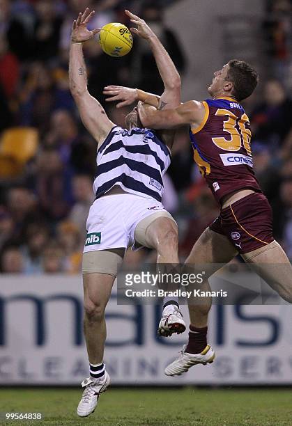 Cameron Mooney of the Cats takes a mark during the round eight AFL match between the Brisbane Lions and the Geelong Cats at The Gabba on May 15, 2010...
