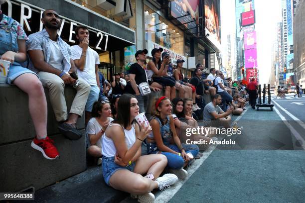 Fans gather for a public viewing event at Times Square to watch 2018 FIFA World Cup Russia Semi Final match between France and Belgium on July 10,...