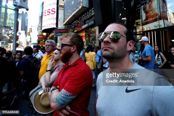 Fans gather for a public viewing event at Times Square to watch 2018 FIFA World Cup Russia Semi Final match between France and Belgium on July 10,...