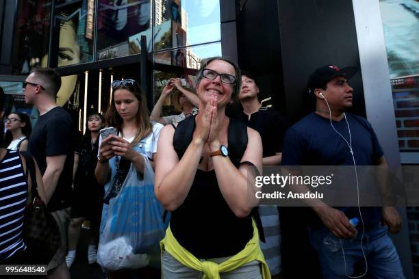 Fans gather for a public viewing event at Times Square to watch 2018 FIFA World Cup Russia Semi Final match between France and Belgium on July 10,...