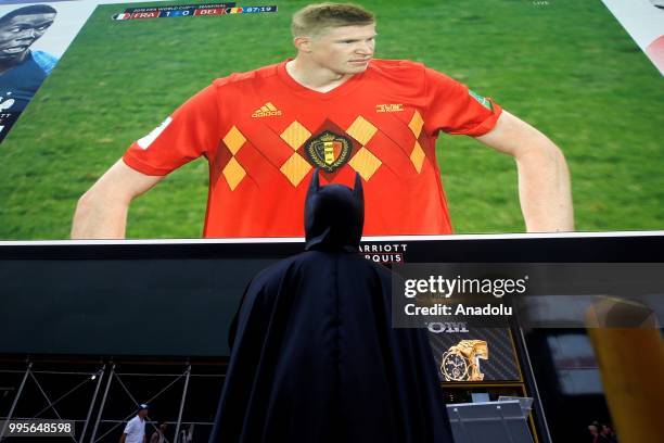 Fans gather for a public viewing event at Times Square to watch 2018 FIFA World Cup Russia Semi Final match between France and Belgium on July 10,...