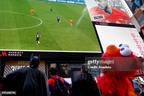 Fans gather for a public viewing event at Times Square to watch 2018 FIFA World Cup Russia Semi Final match between France and Belgium on July 10,...