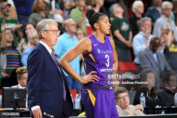 Head Coach Brian Agler and Candace Parker of the Los Angeles Sparks look on during the game against the Seattle Storm on July 10, 2018 at Key Arena...