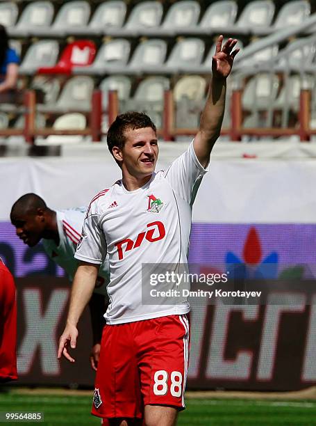 Oleksandr Aliyev of FC Lokomotiv Moscow celebrates after scoring a goal during the Russian Football League Championship match between FC Lokomotiv...