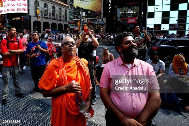 Fans gather for a public viewing event at Times Square to watch 2018 FIFA World Cup Russia Semi Final match between France and Belgium on July 10,...