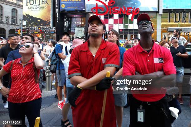 Fans gather for a public viewing event at Times Square to watch 2018 FIFA World Cup Russia Semi Final match between France and Belgium on July 10,...