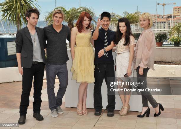 Actors Thomas Dekker, Chris Zylka, Nicole LaLiberte, writer/director Gregg Araki, Roxane Mesquida and Haley Benett attend the 'Kaboom' Photo Call...