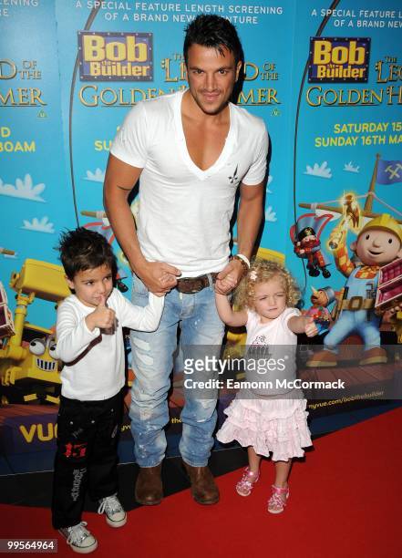 Peter Andre and son Junior and daughter Princess Tiaamii attend the UK film premiere of 'Bob The Builder: The Legend Of The Golden Hammer' at Vue...