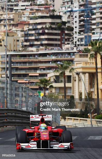 Felipe Massa of Brazil and Ferrari drives in the final practice session prior to qualifying for the Monaco Formula One Grand Prix at the Monte Carlo...