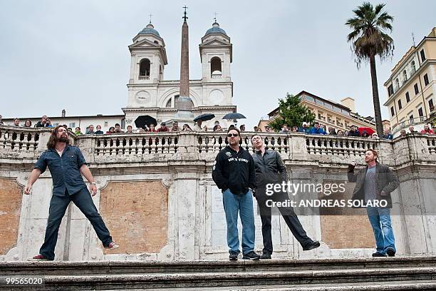 Actors of the movie "Robin Hood" Alan Doyle, Russell Crowe, Kevin Durand and Scott Grimes perform a concert on the Spanish Steps during their visit...