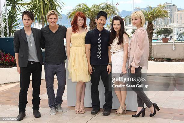 Thomas Dekker, Chris Zylka, Nicole LaLiberte, Director Greg Araki, Roxane Mesquida and Haley Benett attends the "Kaboom" Photocall at the Palais des...