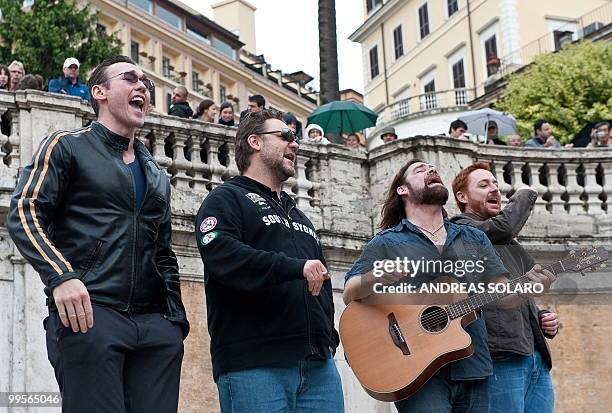 Actors of the movie "Robin Hood" Kevin Durand, Russell Crowe, Scott Grimes and Alan Doyle perform a concert on the Spanish Steps during their visit...