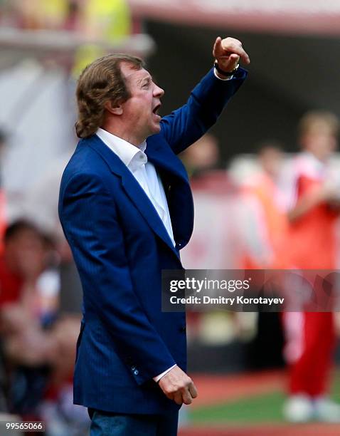 Head coach Yuri Syomin of FC Lokomotiv Moscow gestures during the Russian Football League Championship match between FC Lokomotiv Moscow and FC Amkar...