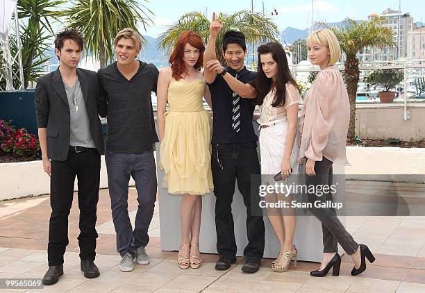 Thomas Dekker, Chris Zylka, Nicole LaLiberte, Director Greg Araki, Roxane Mesquida and Haley Benett attends the "Kaboom" Photocall at the Palais des...