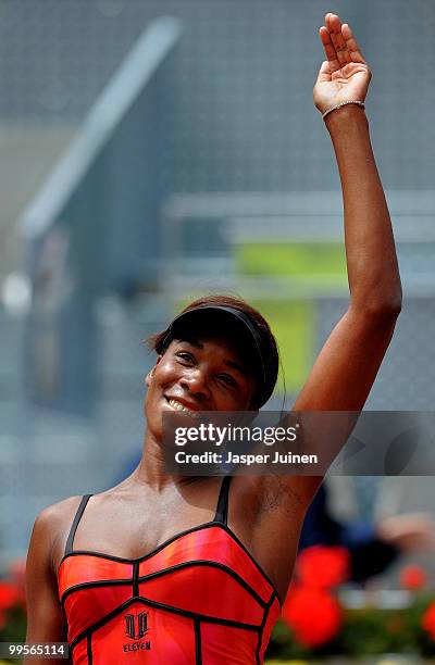 Venus Williams of the USA celebrates her win over Shahar Peer of Israel in their semi-final match during the Mutua Madrilena Madrid Open tennis...