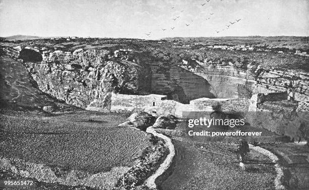 jeremiah's grotto, skull hill and the garden tomb in jerusalem, israel - ottoman empire - garden grotto stock illustrations