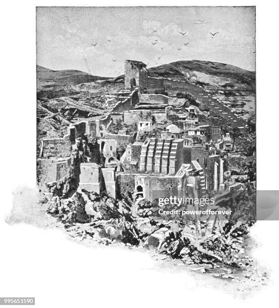 mar saba monastery in jerusalem, israel - ottoman empire - ancient jerusalem stock illustrations