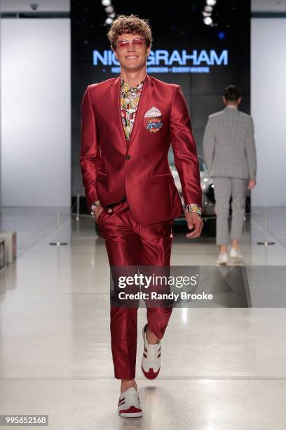 Model walks the runway at Nick Graham SS19 at Cadillac House on July 10, 2018 in New York City.