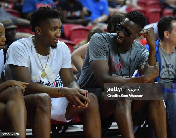 Donovan Mitchell and Ekpe Udoh of the Utah Jazz chat during a game between the Utah Jazz and the Miami Heat during the 2018 NBA Summer League at the...