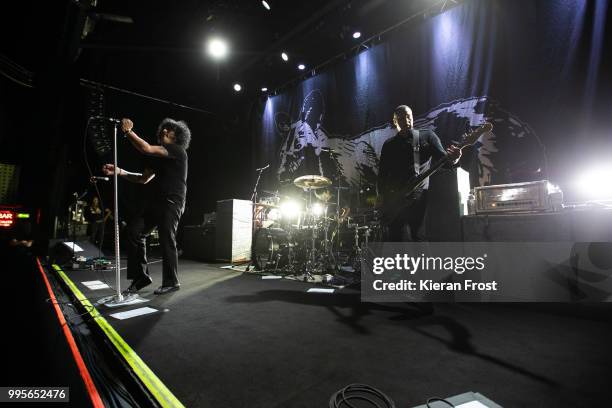 Cedric Bixler; Tony Hajjar; Paul Hinojos of At The Drive In perform at Vicar Street on July 10, 2018 in Dublin, Ireland.