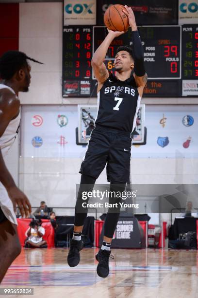 Olivier Hanlan of the San Antonio Spurs shoots the ball against the Portland Trail Blazers during the 2018 Las Vegas Summer League on July 10, 2018...