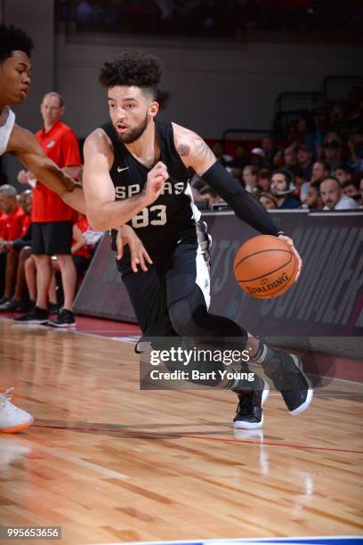 London Perrantes of the San Antonio Spurs handles the ball against the Portland Trail Blazers during the 2018 Las Vegas Summer League on July 10,...