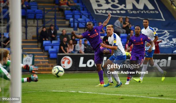 Daniel Sturridge of Liverpool comes close to scoring during the pre-season friendly match between Tranmere Rovers and Liverpool at Prenton Park on...