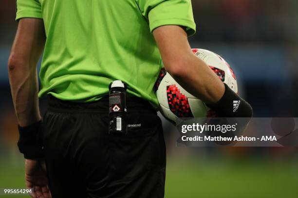Match Referee Andres Cunha holding the adidas Fifa World Cup Knock Out Top Glider match ball during the 2018 FIFA World Cup Russia Semi Final match...