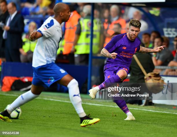 Alberto Moreno of Liverpool during the pre-season friendly match between Tranmere Rovers and Liverpool at Prenton Park on July 10, 2018 in...