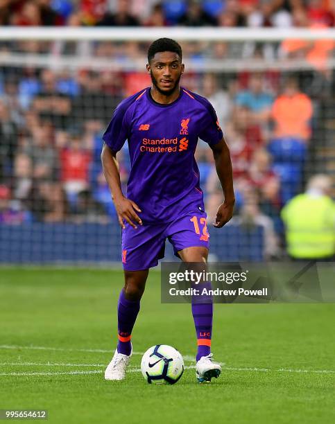 Joe Gomez of Liverpool during the pre-season friendly match between Tranmere Rovers and Liverpool at Prenton Park on July 10, 2018 in Birkenhead,...