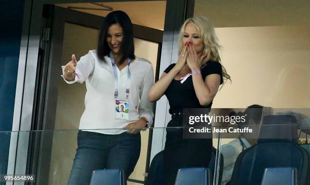 Pamela Anderson sending kisses to boyfriend French player Adil Rami of France following the French victory in the 2018 FIFA World Cup Russia Semi...