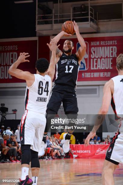 Trey McKinney-Jones of the San Antonio Spurs shoots the ball against the Portland Trail Blazers during the 2018 Las Vegas Summer League on July 10,...