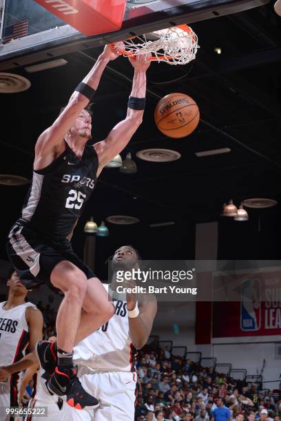 Drew Eubanks of the San Antonio Spurs dunks the ball against the Portland Trail Blazers during the 2018 Las Vegas Summer League on July 10, 2018 at...