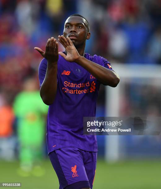 Daniel Sturridge of Liverpool shows his appreciation to the fans at the end of the pre-season friendly match between Tranmere Rovers and Liverpool at...